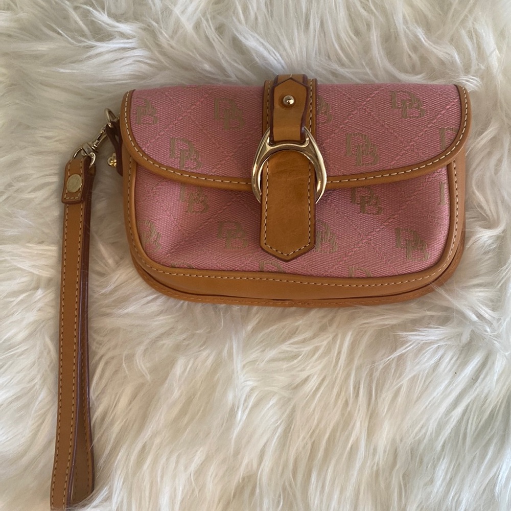 Dooney & Bourke Pink Monogram Wristlet with Leather Trim and Buckle.
